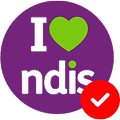 I love NDIS logo purple circle with green love heart