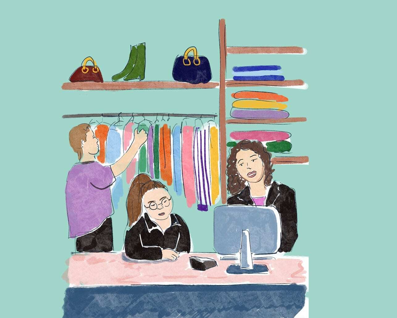 An illustration of three people working