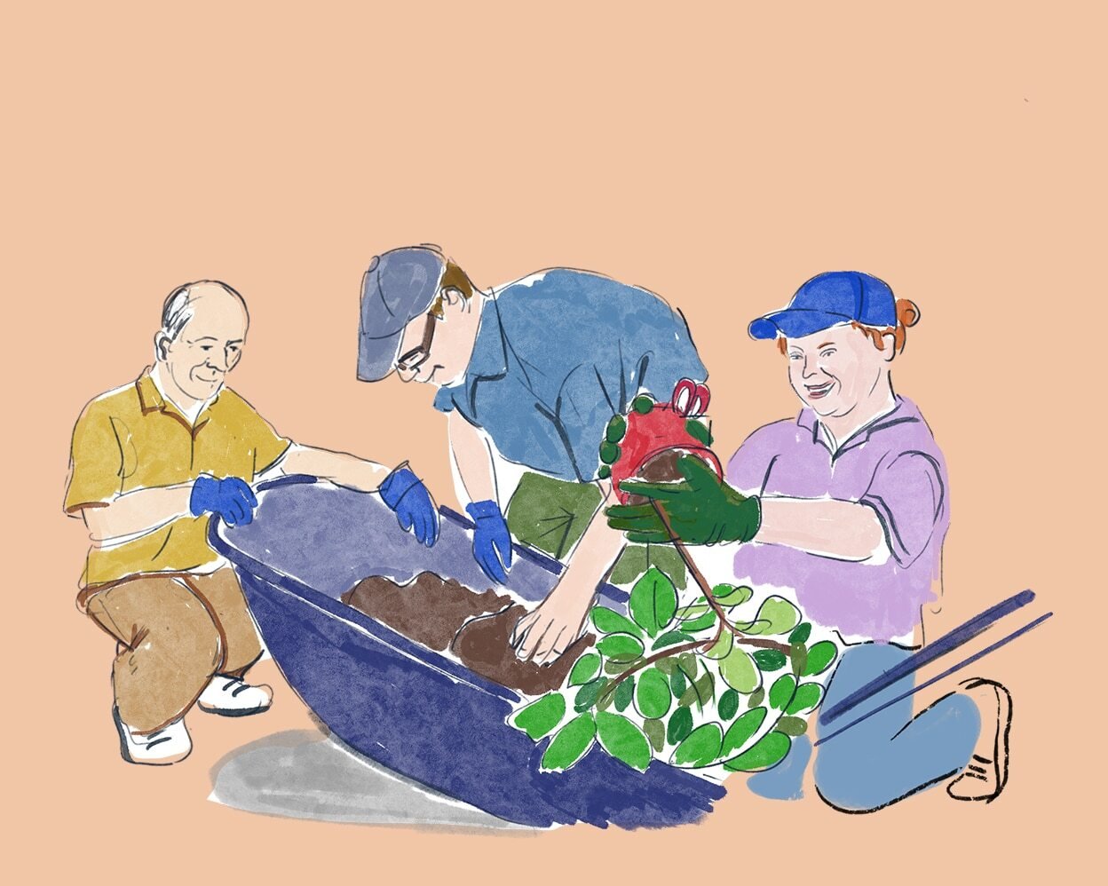 An illustration of people working in a garden